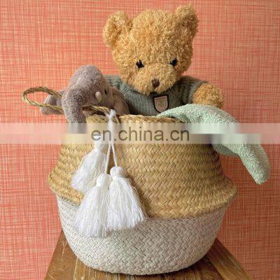 Woven Seagrass Straw Wicker Belly Basket with Tassel, Laundry Storage Organiser, Modern Planter Wholesale