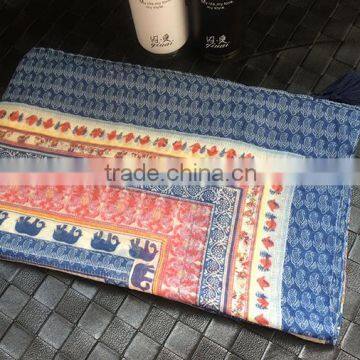 2016 Newest Vintage Blue Small Elephant Printed Women Cotton Scarf With Tassels