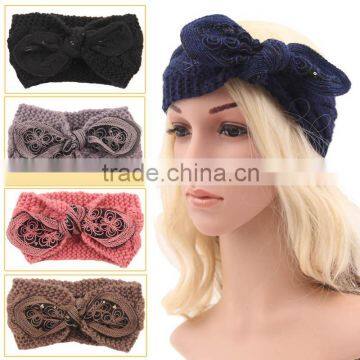 2015 Winter Newest Charm Women's Christmas Gift Knit Elastic Bow Knot Lace Flower Headband