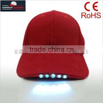 100% cotton 6 panels red cap with built-in LED light