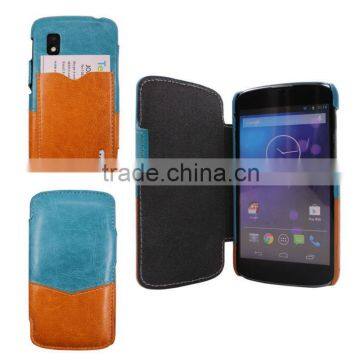 PU LEATHER CARRY COVER FLIP CARD SLOT FOR LG E960 NEXUS 4 IN CRAZY HORSE GRAIN AND CONTRAST COLOR