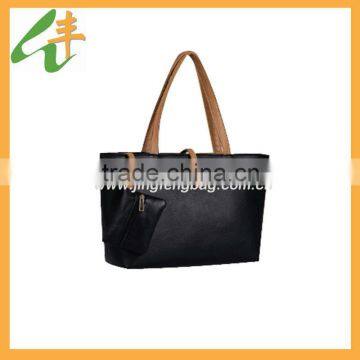 2014 promotional simple two pieces black leather fashion ladies handbag