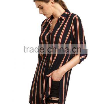 Seller Factory 2016 Fall Stripe Button Down Long Dress Shirt Design for Women photo-3