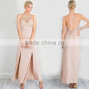 Strappy crossed back split front maxi evening party dress