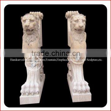 Modern Hand Carved Lion Head Travertine Column