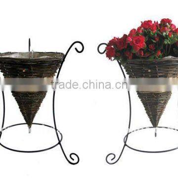 Black/Yellow Rattan Cone planter wire stand - Wrought iron flower stand