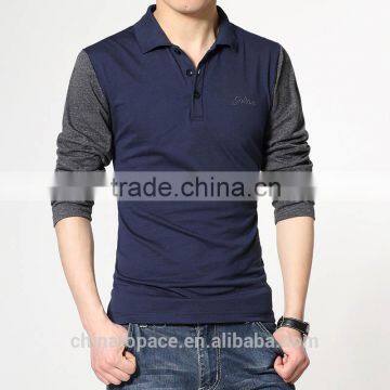 2016 New Fashion Turn-down Collar Letter Print Slim Fitness Long Sleeve Plus Size Brand t-shirt Men, Mens Tshirt
