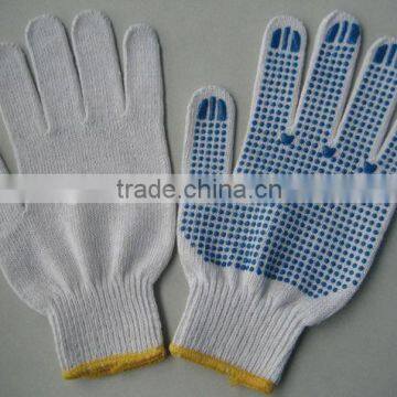 7G Bleached White Knitted Glove with Blue PVC Dots on Palm