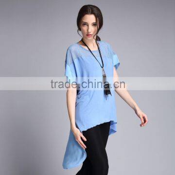 Lady Solid Color Irregular Long t-Shirt Grid Patckwork Femme Chemise New Brand 2016 Women T-shirt Short Sleeve Loose Shirt