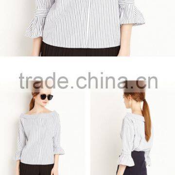 Women's Bell Sleeve Stripe Pattern Round Neck Pleated Blouse photo-6