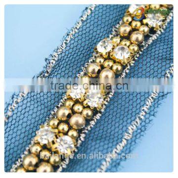 New arrival beaded pearl and rhinestone mesh trimming for dress