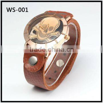 Fashion Womens Mens Skull Leather&Alloy Analog Quartz Wrist Watch