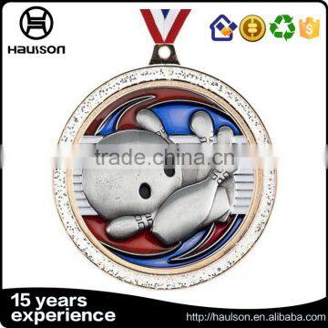 cheap custom 3d casting silver glitter insert soft enamel iron zinc alloy matte gold plated bowling sport medal of honor with ri