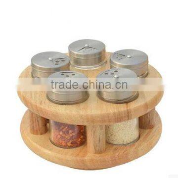 rotatable bamboo spice rack with spice jar and pepper mill grinder