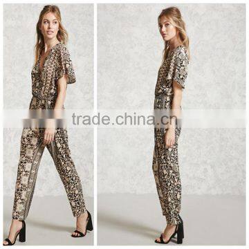 Womens Fashion Short Sleeve Ornate Print Tie Waist Romper