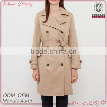 High Quality women fashion coats 2015 double breasted belted long khaki ladies trench coat