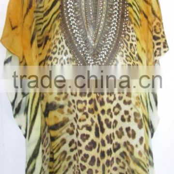 Brown Leopard print crystal embellished tie up kaftan CAFTAN tunic poncho blouse