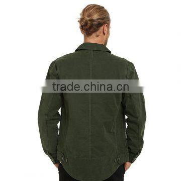 High Quality Green Plain Denim Varsity Jacket Custom Arc-shaped Back Hem photo-2