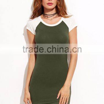 Color Block Slit Side Tee Dress Cotton Spandex Casual Short Raglan Sleeve Sexy Bodycon Tee Dress photo-3