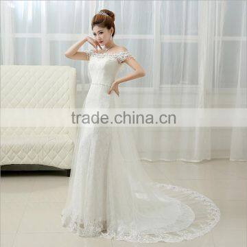 2017 Fashion Wedding Dress New Bride Korean Boat Neck Evening Dress Fishtail Skirt Long Drag Tail photo-2