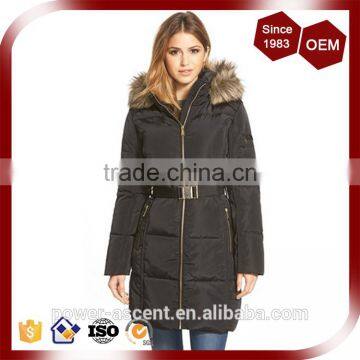 Belt-cinched Waist Padding Quilting Womens Parka With Fur