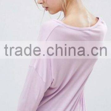 Fashion Women Long Sleeve Scoop Neck Cotton Curve Hem Viscose T-shirt photo-2