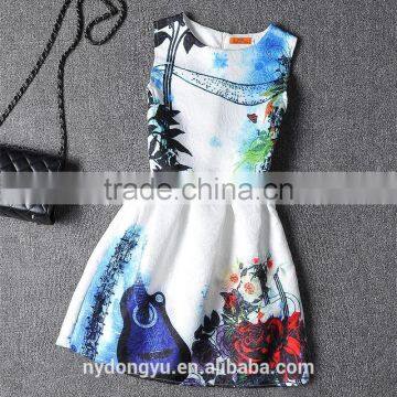 girl casual guitar printed princess dress/ girl sleeveless knee length printed dress/new design girl printed dress