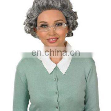 Short curly silver grey human hair synthetic wig for old women FW2124