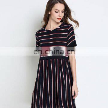 T-D086 Elegant Plus Size Short Sleeve Midi Stripe Chiffon Women Dress