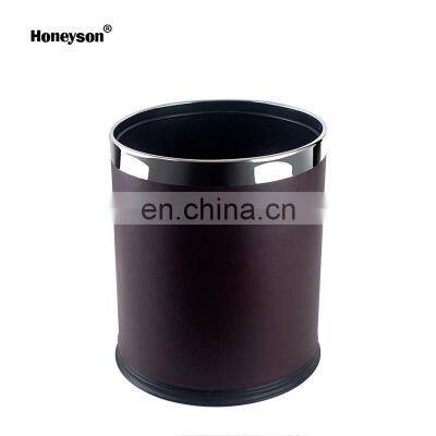 Honeyson hotel room 10L round leather stainless steel waste dust bin