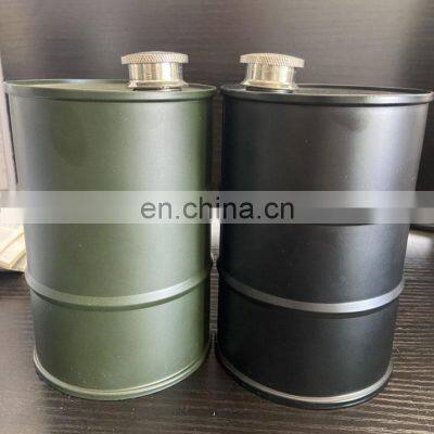 Matte Personalized Whisky Japanese Travel Oil Drum Shape Black Stainless Steel Round Hip Flask