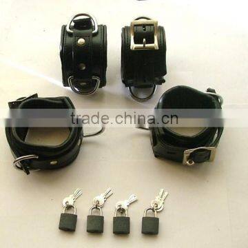 Locking Padded Black Leather Wrist & Ankle Cuffs Bondage Restraint