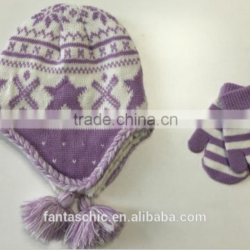 Baby's fashional kintted jacquard winter earflap hat and mitten set