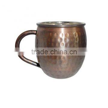 COPPER BARREL MUG 16 Oz. HAMMER ANTIQUE INSIDE NICKEL PLATING WITH COPPER C SHAPE HANDLE