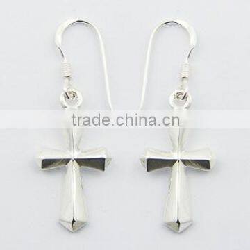 Sterling Silver Beveled Cross Dangle Earrings