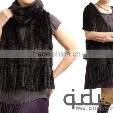 QD-LT8678 Women Real Knitted Mink Fur Shawl Wrap Mink Fur Shawl With Tassels