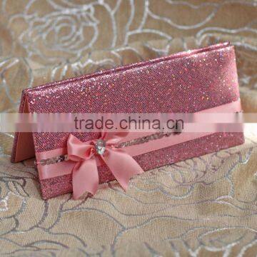 Hot Sale Elegant Pink Hardcover Folded Wedding Invitations With Pink Paillette Ribbons Bowkont & Crystal Decoration Quality Choice photo-2