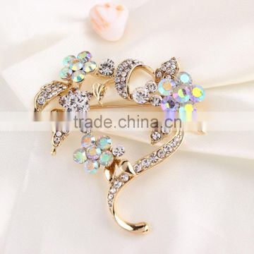 Heart-shape AB Rhinestone Flower Brooch,Leaves Rhinestone Brooch Pin For Garment