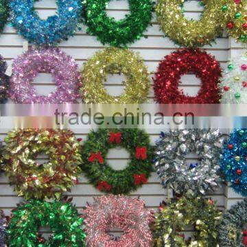 46cm Green+Red Color PET Decorative Christmas Tinsel Wreath