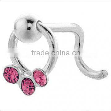 Pink - Three Gemstone Loop Dangle Nose Ring - Twist