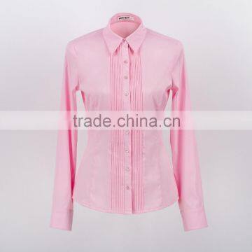 2015 fashion pink color long sleeve blouse pleated design ladies plus size shirt