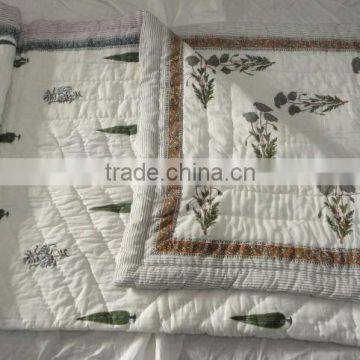 R T C -11 White Handmade Cotton Kantha Quilt Block Printed Razai Jaipur Manufacturer