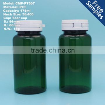 China factory PET Pharmaceutical plastic packaging bottle 175ml, 175cc medicine pill capsule bottle with tearing cap