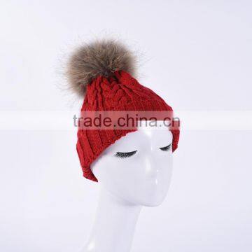 Ladies Knit Hat With Raccoon Fur Pompom for Winter Dobby Image Knit Hat KZ160075 photo-2