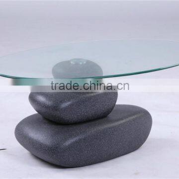 Hot sale tempered glass table top and stone effect painting base fiberglass coffee table