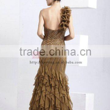 Elegant One-shoulder Beaded Larying Chiffon Long Latest Design Formal Evening Gowns