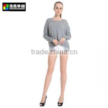 Round Neck Long Bat Sleeve Grey Pullover, Plain Cable Knit Cashmere Pullover