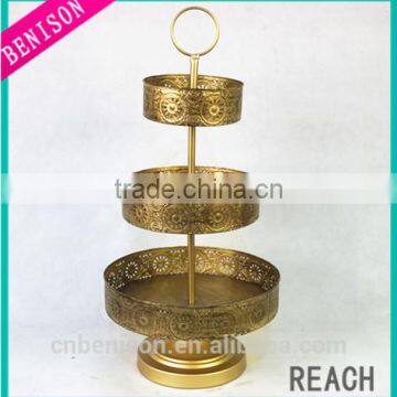 Tall Gold Metal Three layers Cake Plate Supply On Wedding And Home Decoration