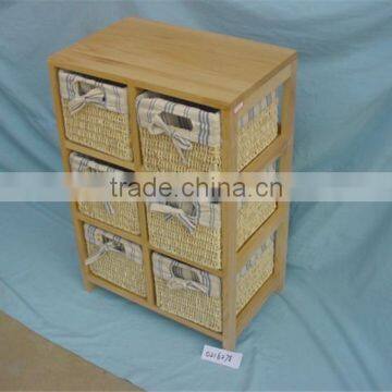 FSC made in CHINA natural pine dark brown durable portable Wooden Cabinet Chest with 3 Wicker Drawers
