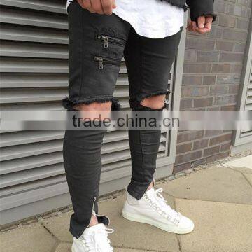 Europe Grey Black Ripped Denim Pants Slim Jeans With Zip Down photo-3